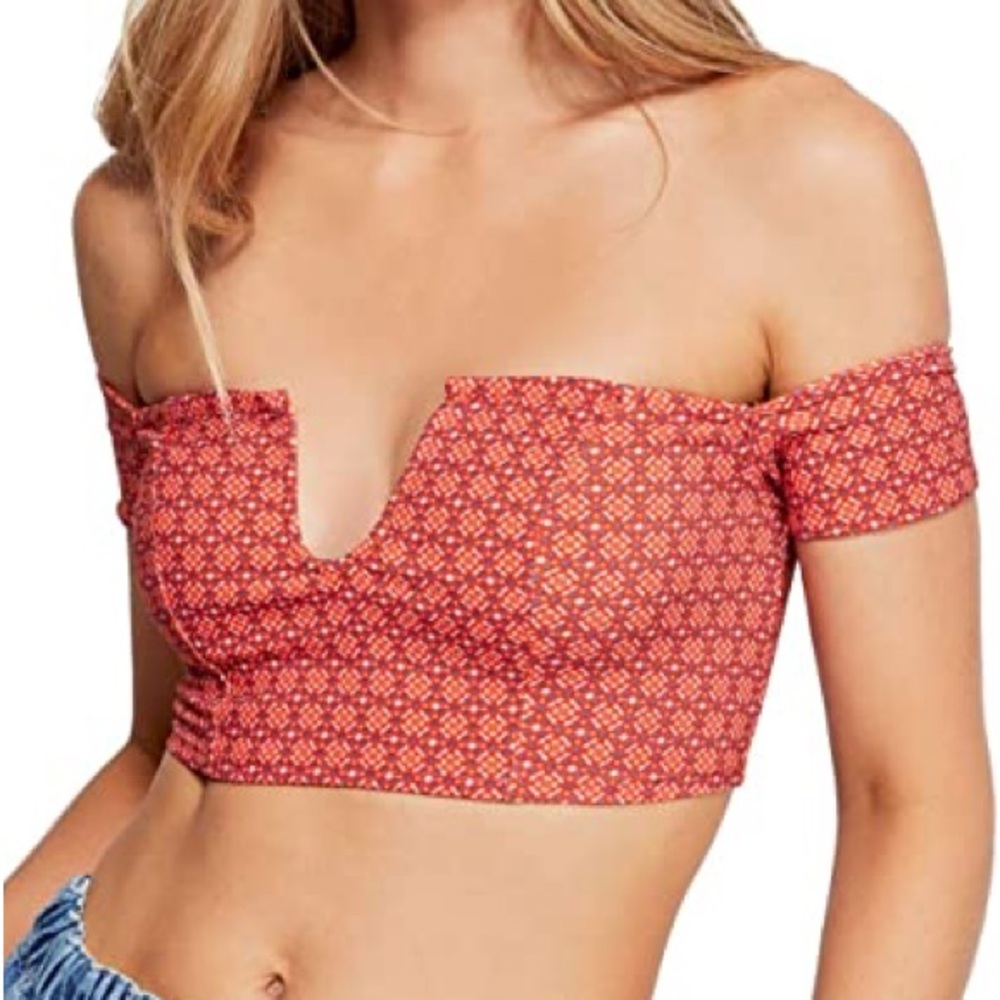 Free People Orange Coral Print Off the Shoulder Crop Top